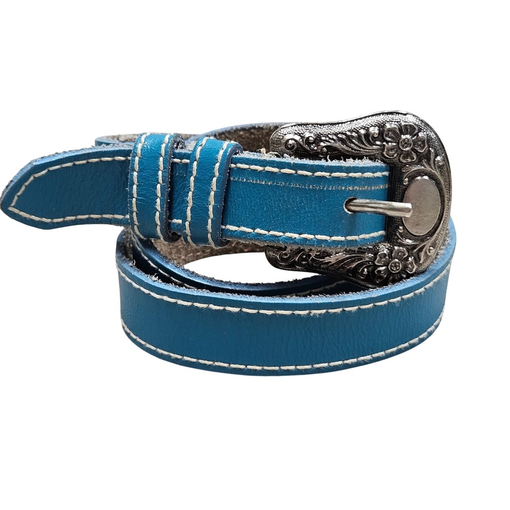 Western Floral Buckle Leather Belt Womens Small Blue Contrast Stitch‎ Boho Rodeo